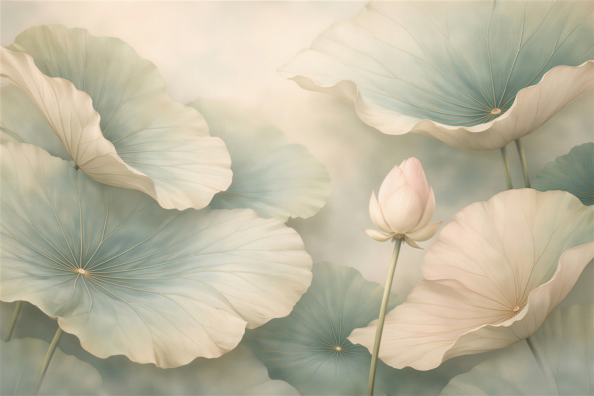 Fototapeten Pastellfarbener Lotus und Blätter