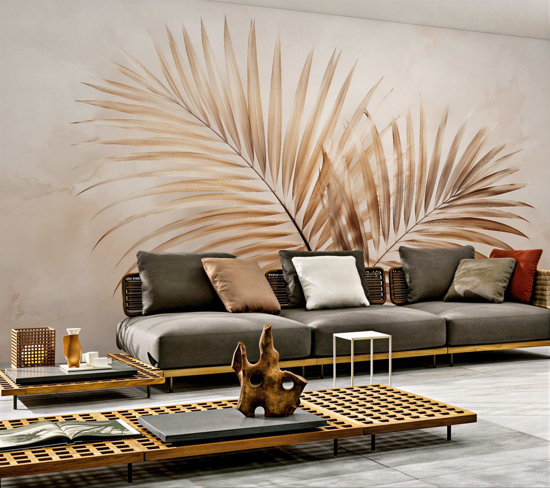 Fototapeten Goldene Palmblätter in Beige