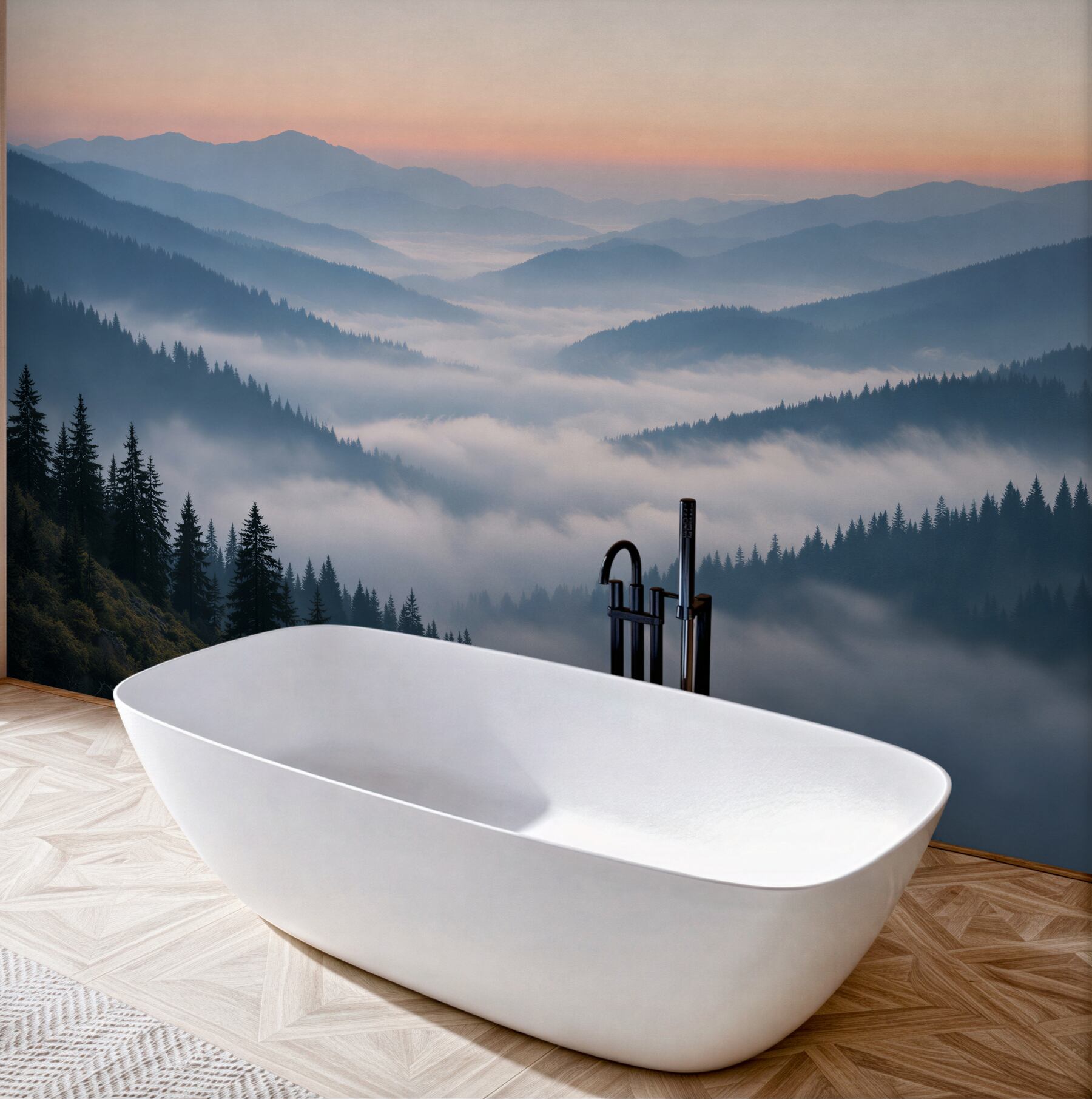 Fototapeten Berge im Nebel im Morgengrauen