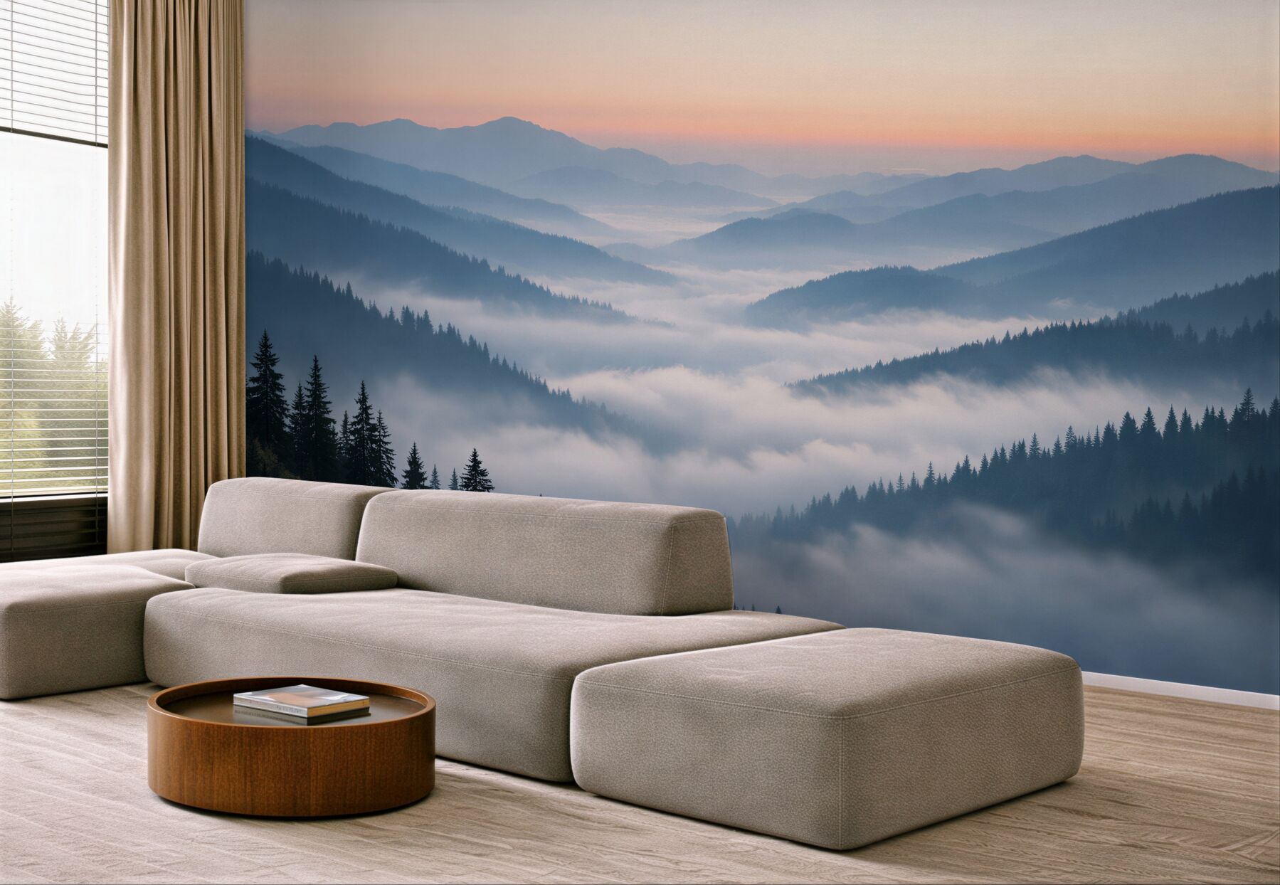 Fototapeten Berge im Nebel im Morgengrauen