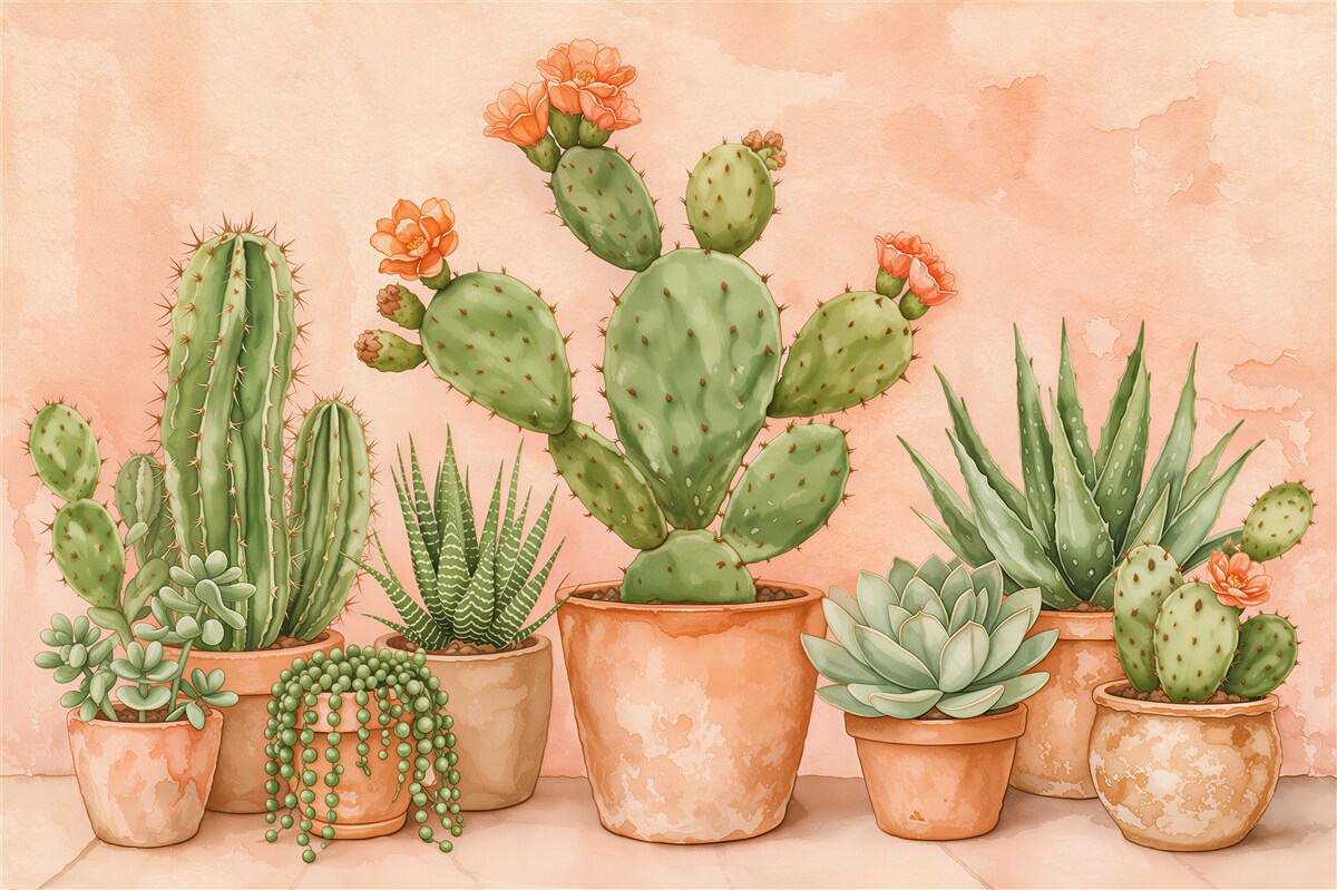 Fototapeten Aquarell-Kakteen in pastellfarbenen Töpfen