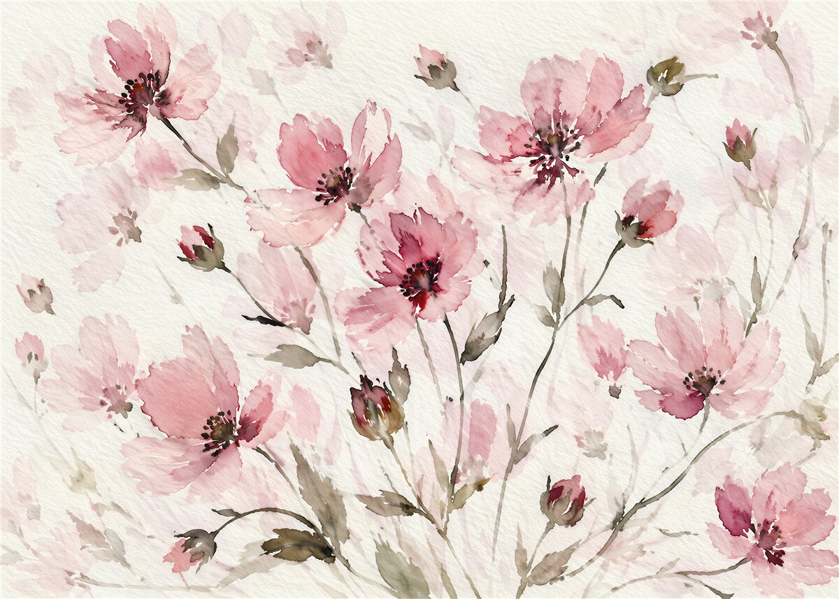 Fototapeten Aquarellartige rosa Wildblumen