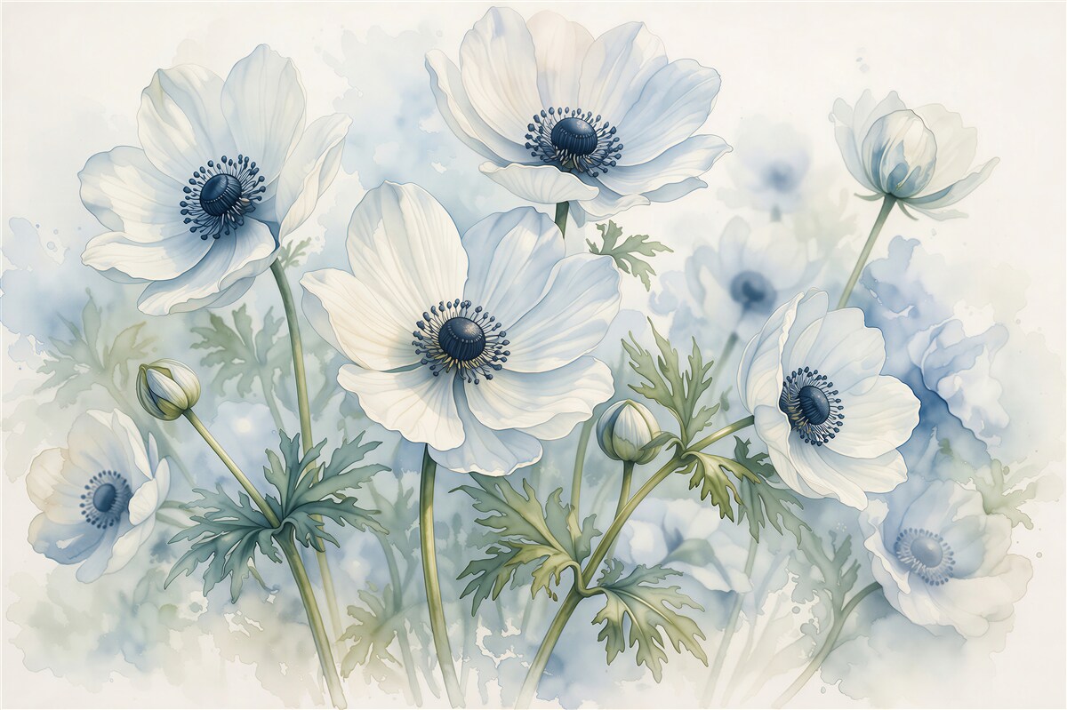 Fototapeten Weiße Blumen in blauer Aquarellmalerei