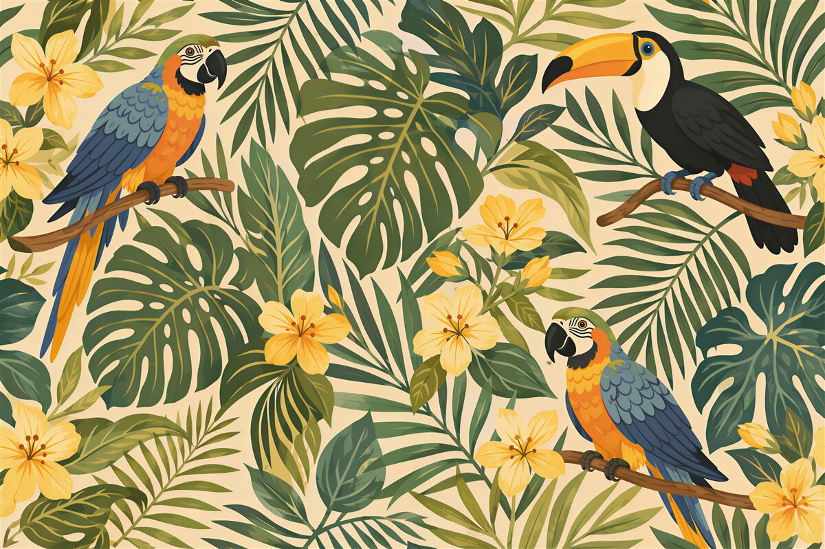 Fototapeten Tropische Vögel zwischen Blumen