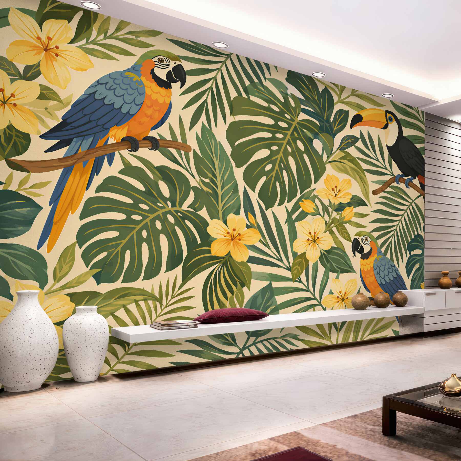 Fototapeten Tropische Vögel zwischen Blumen