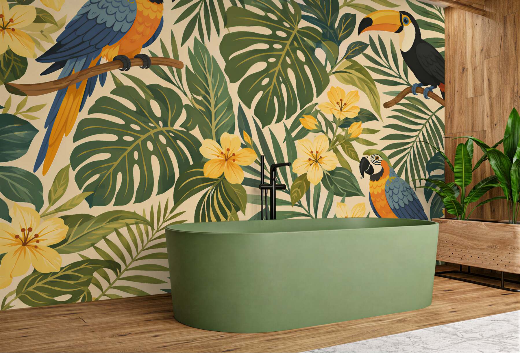 Fototapeten Tropische Vögel zwischen Blumen