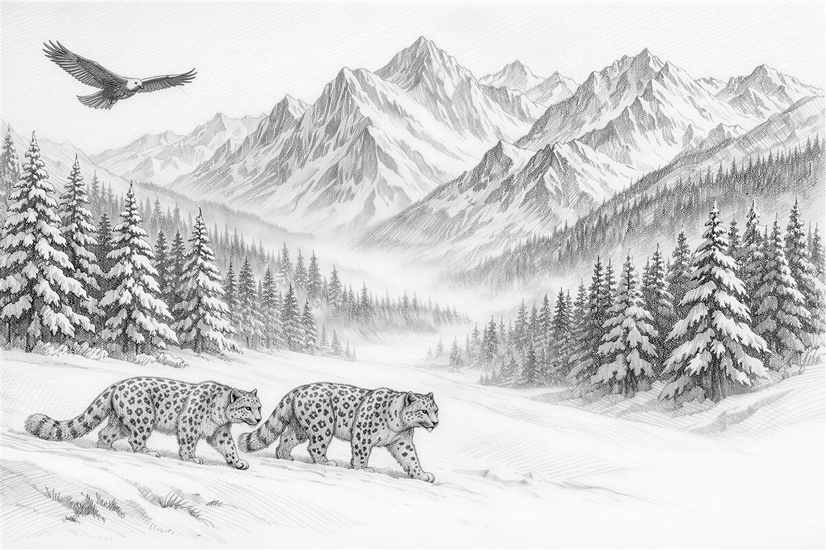 Fototapeten Schneeleoparden in der Stille der Berge