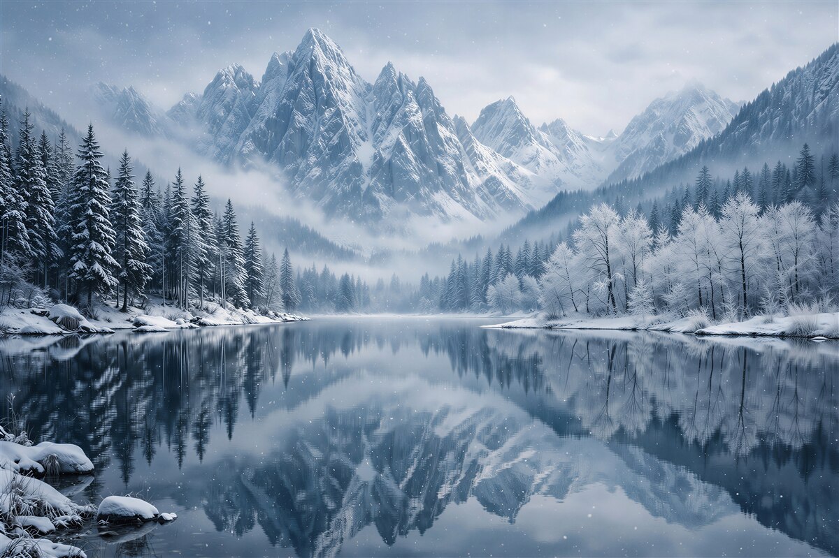 Fototapeten Winterlicher See unter majestätischen Bergen