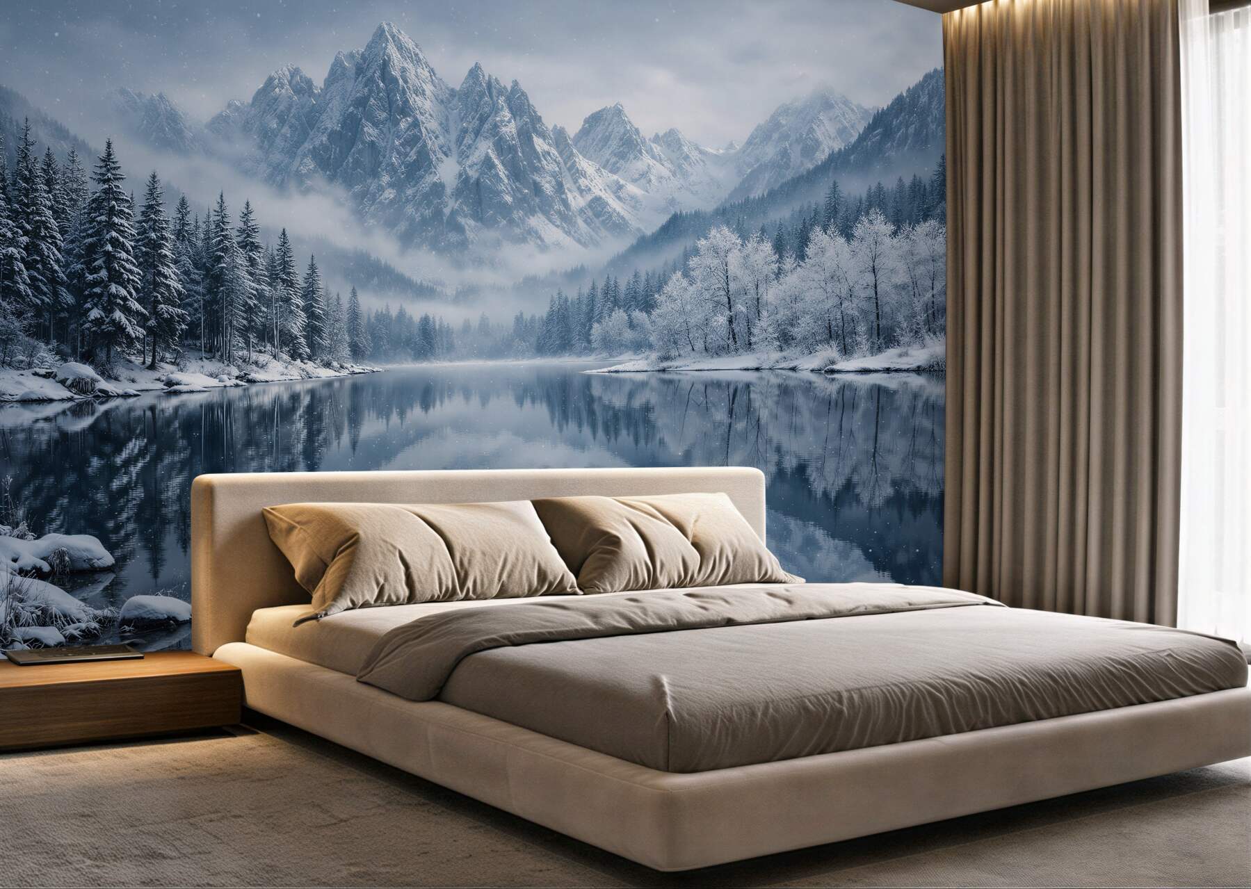 Fototapeten Winterlicher See unter majestätischen Bergen