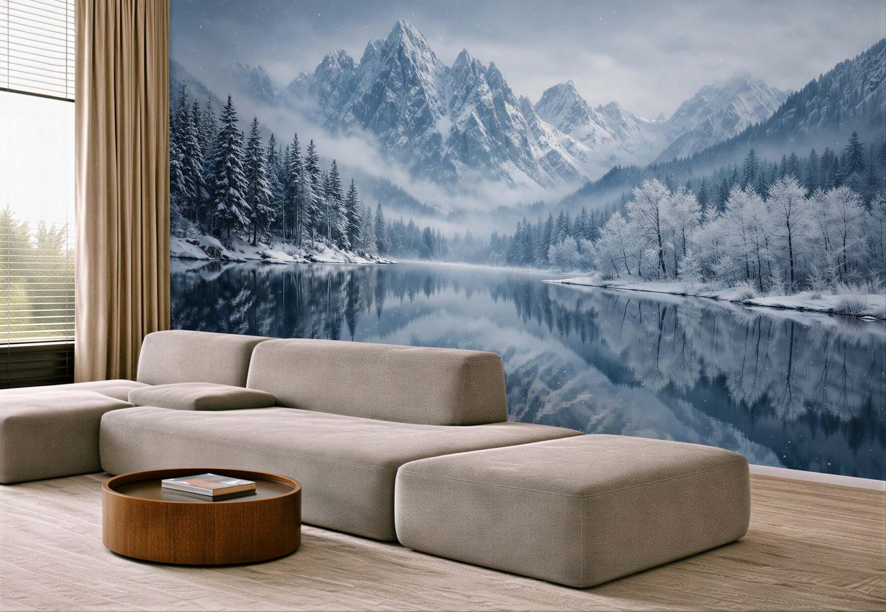 Fototapeten Winterlicher See unter majestätischen Bergen