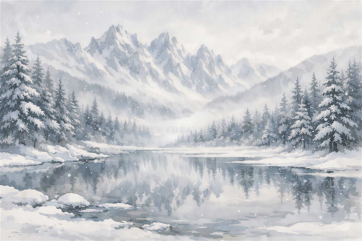 Fototapeten Schneeberge über einem ruhigen See