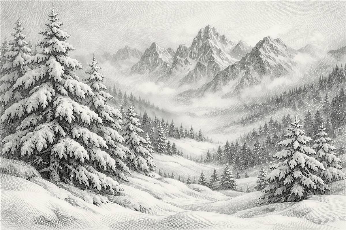Fototapeten Skizze von Winterbergen und Fichten