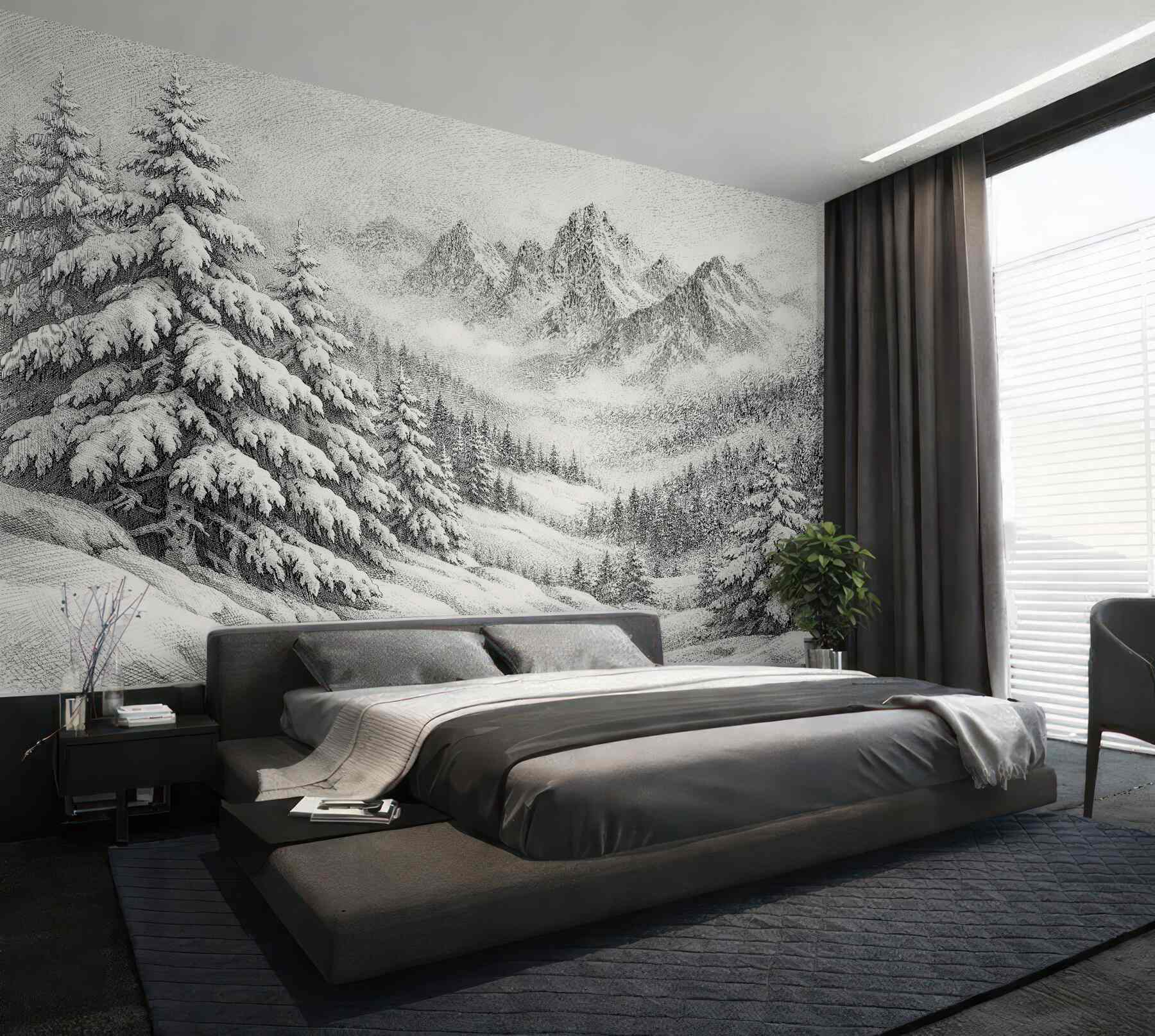 Fototapeten Skizze von Winterbergen und Fichten