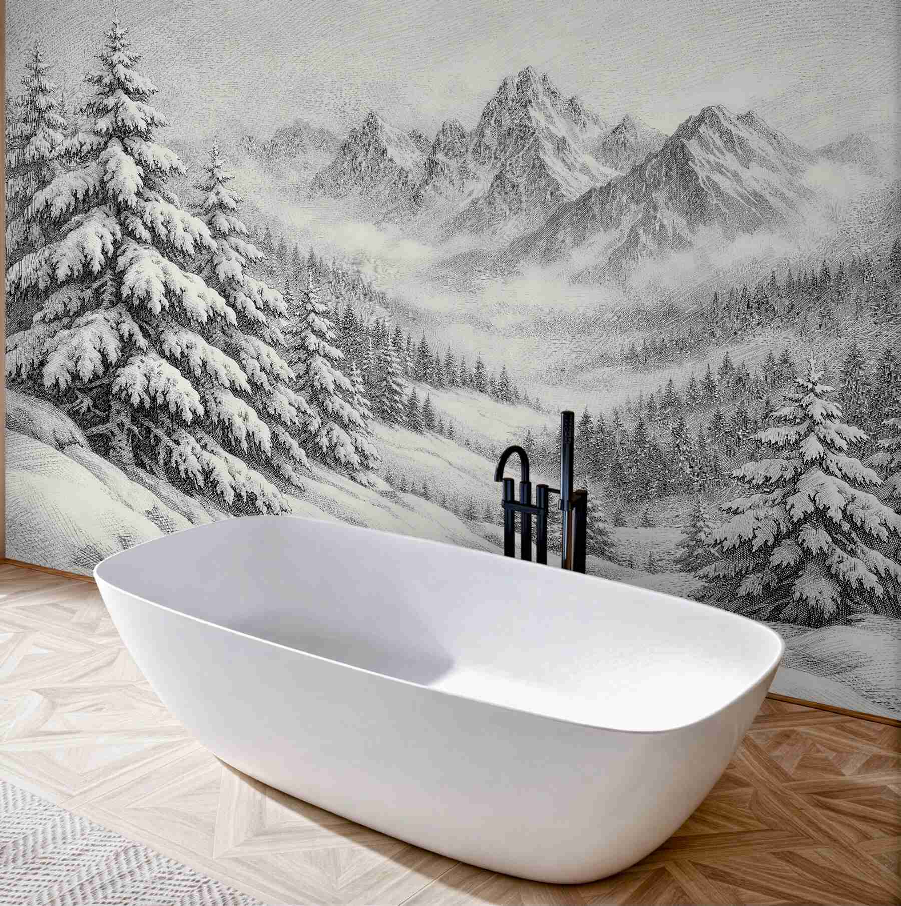 Fototapeten Skizze von Winterbergen und Fichten