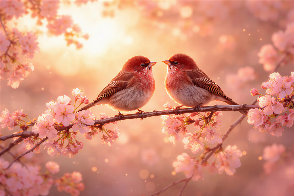 Fototapeten Verliebte Vögel in Kirschblüten