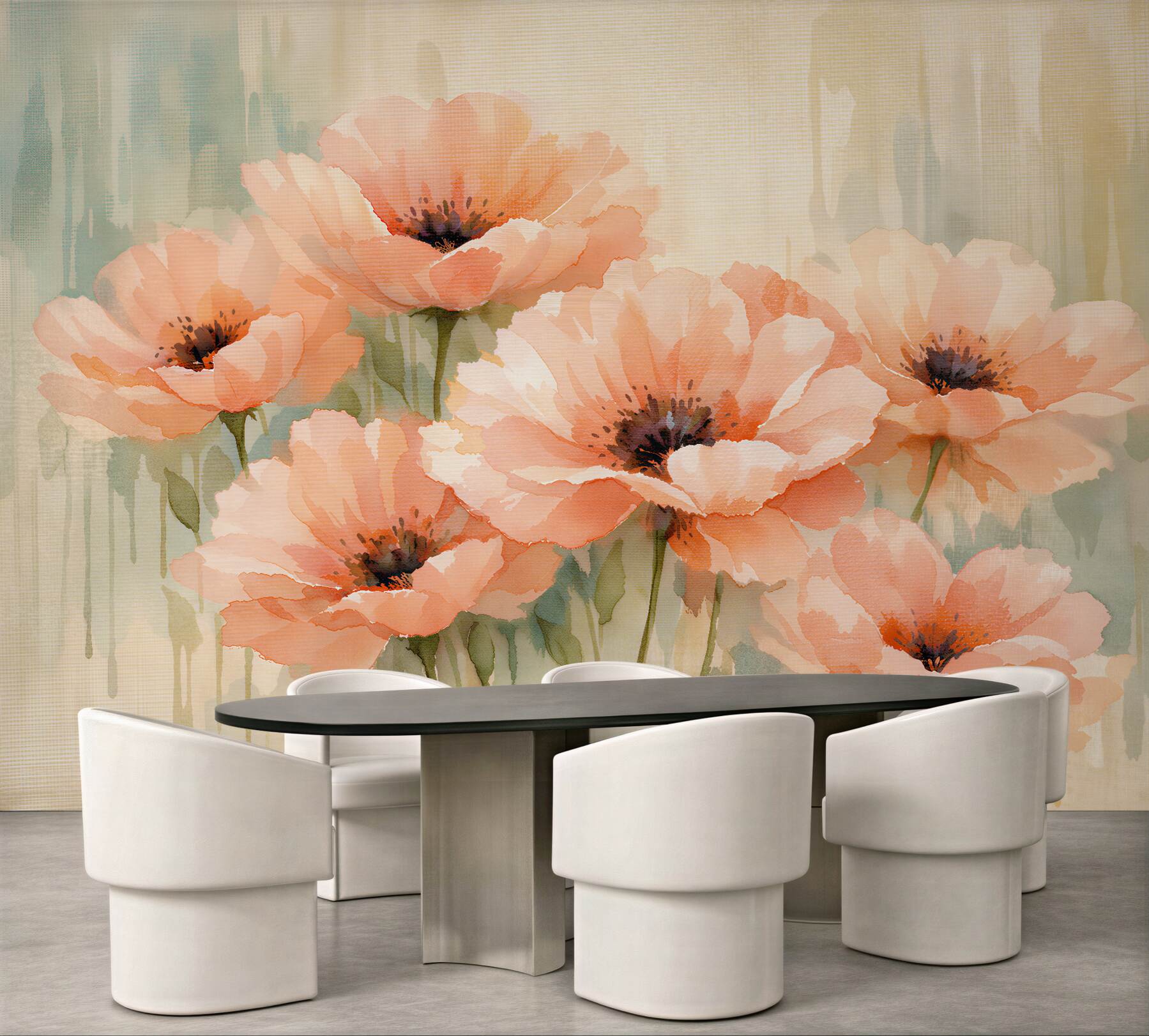 Fototapeten Aquarell-Mohnblumen in Pastelltönen
