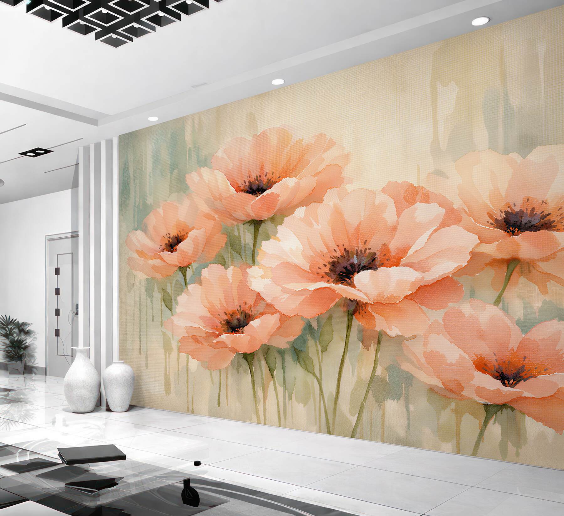 Fototapeten Aquarell-Mohnblumen in Pastelltönen