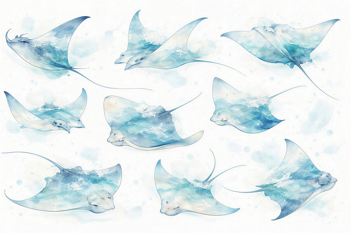 Fototapeten Aquarell-Mantarochen in Blau
