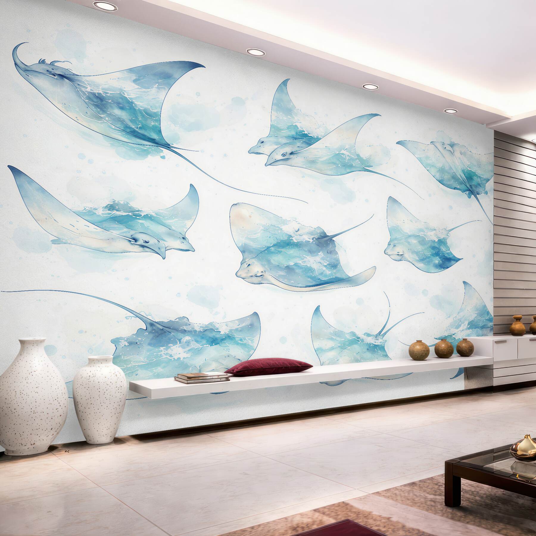 Fototapeten Aquarell-Mantarochen in Blau