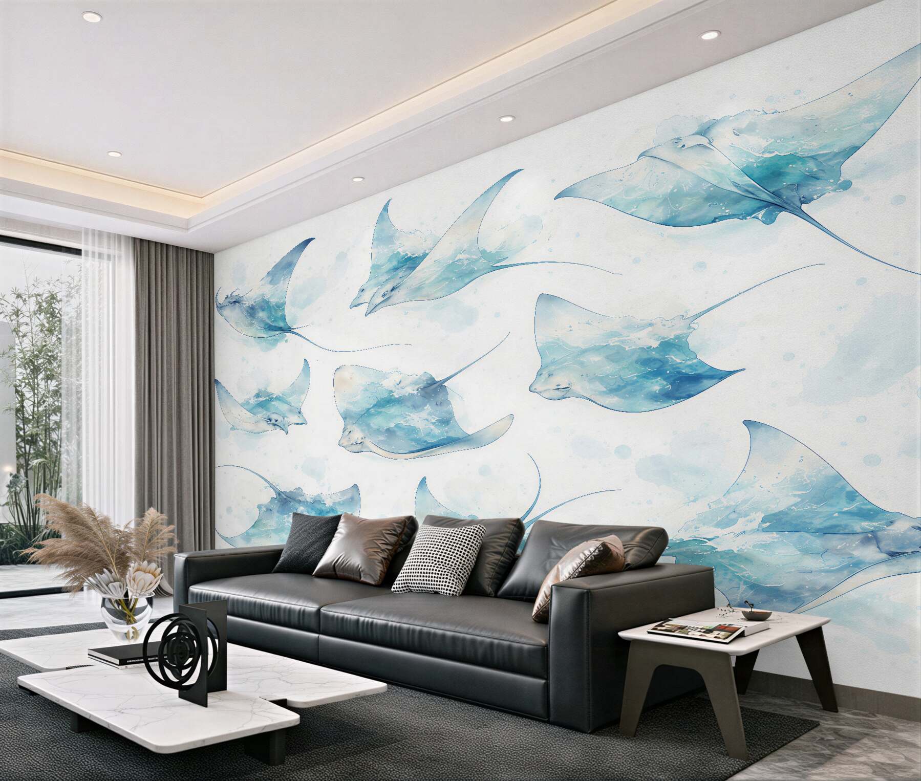 Fototapeten Aquarell-Mantarochen in Blau