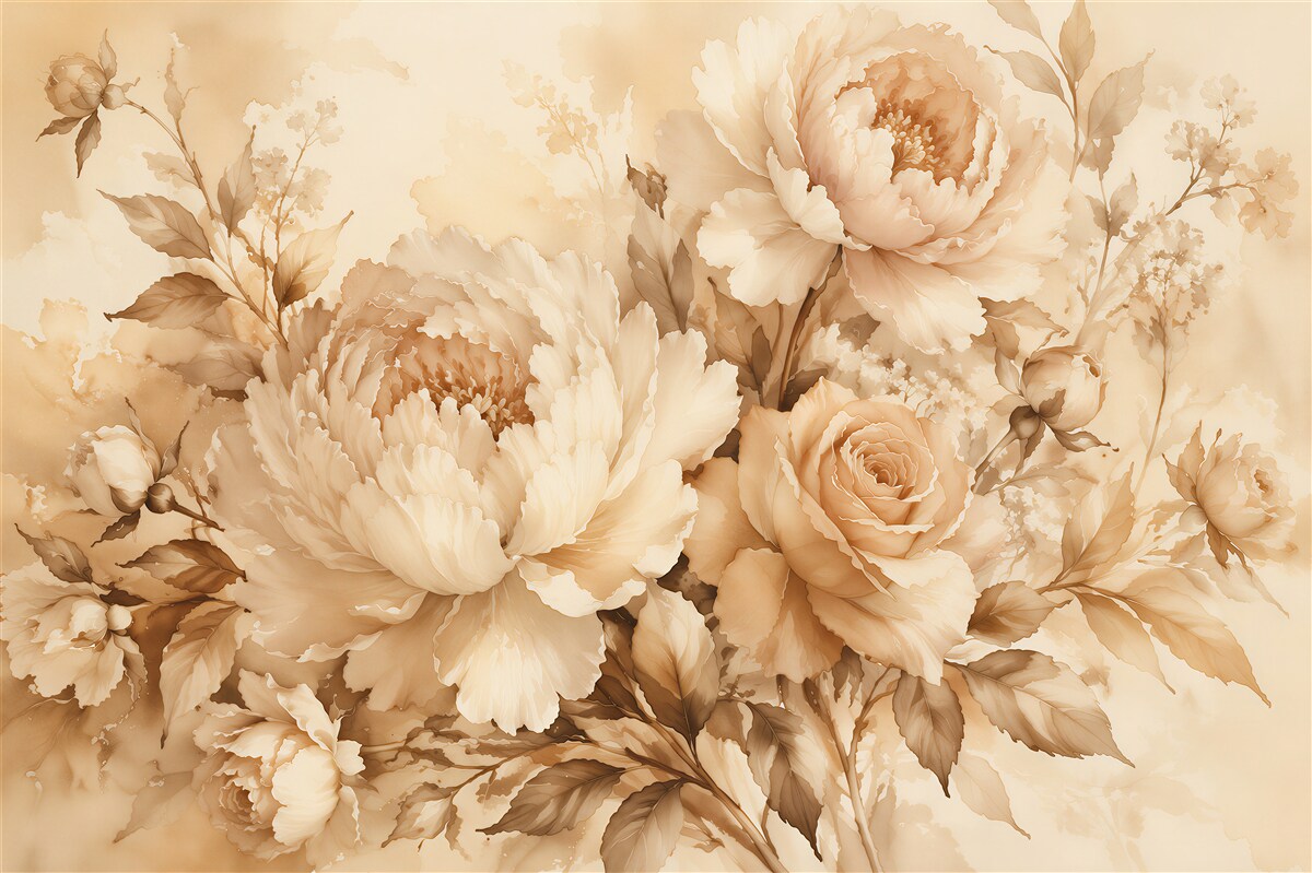 Fototapeten Beige Pfingstrosen in Aquarell