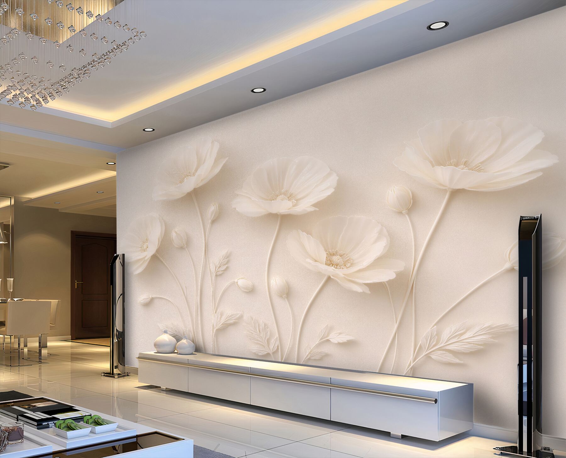 Fototapeten Cremefarbene Blumen in subtiler Reliefoptik
