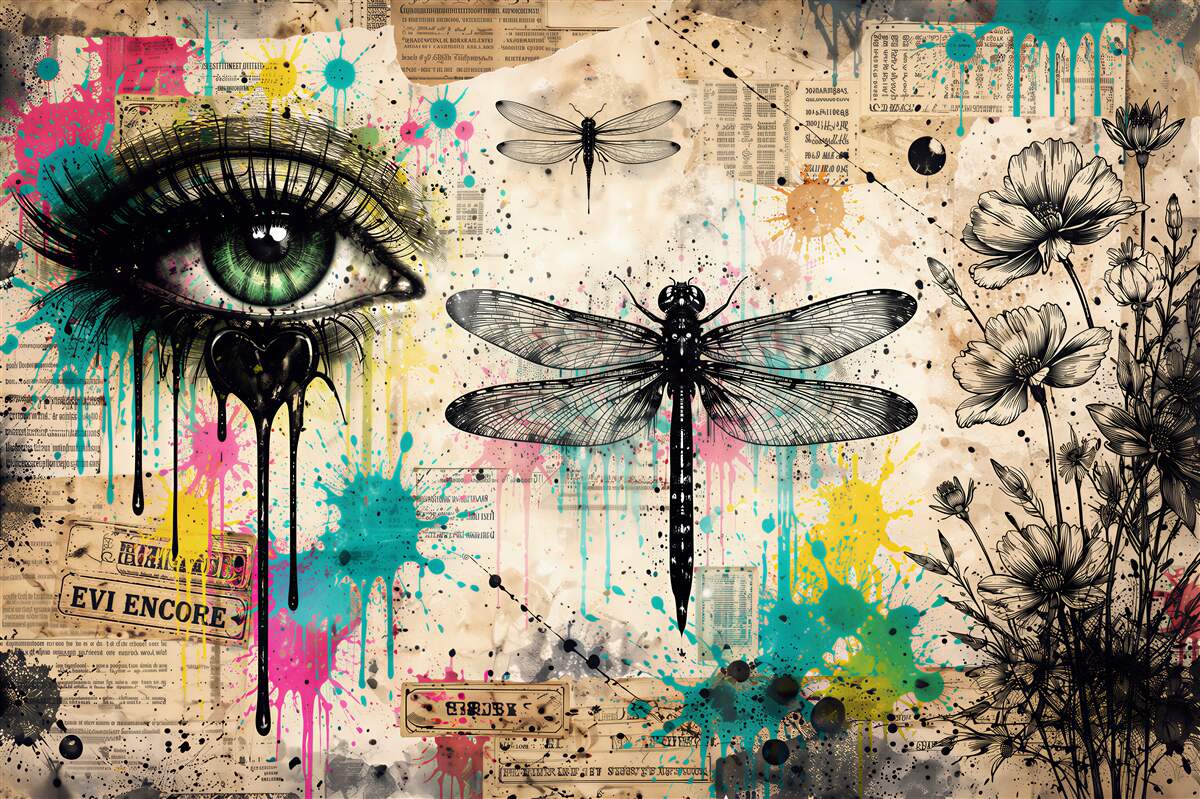 Fototapeten Künstlerisches Auge mit Libellen
