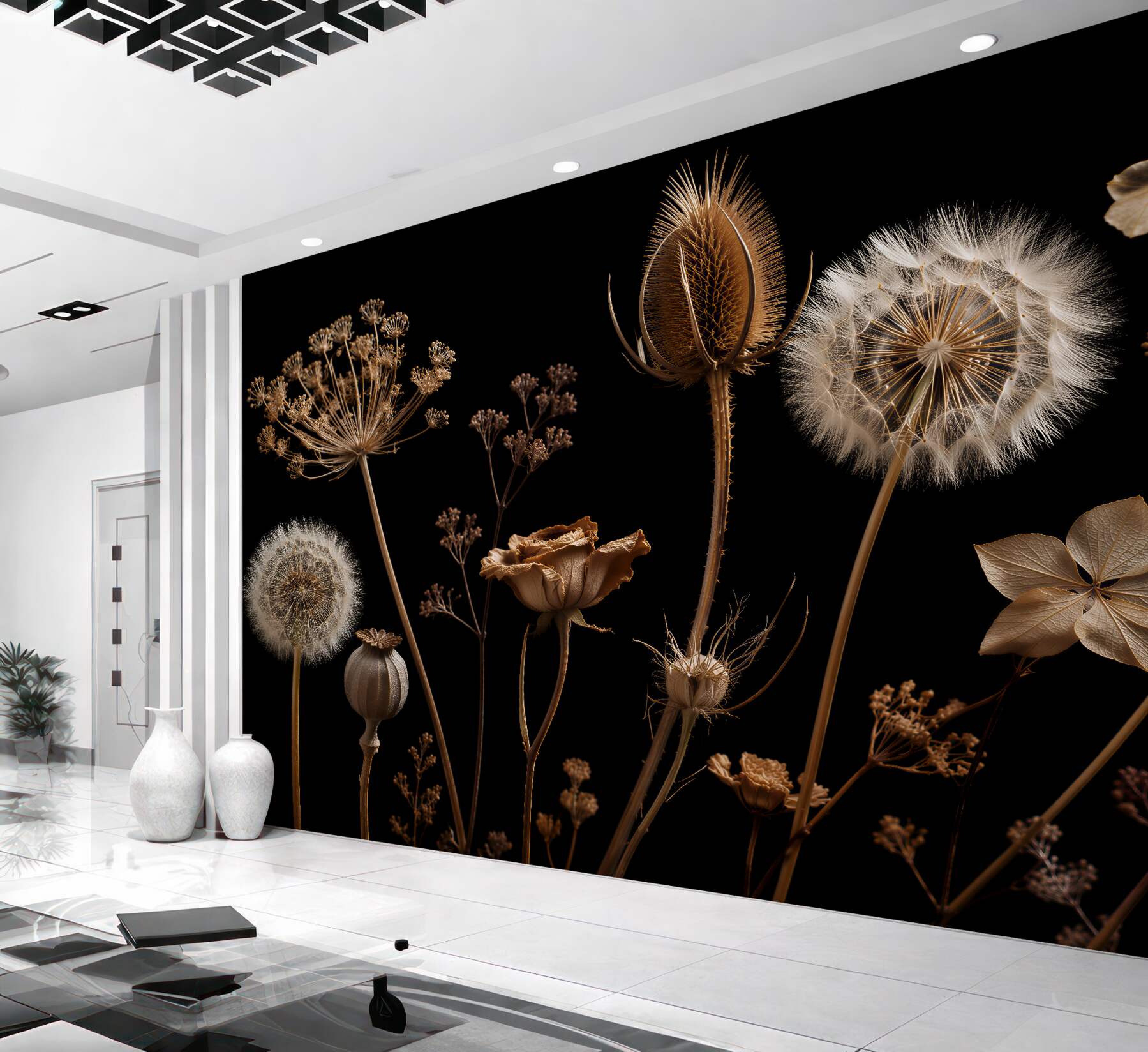 Fototapeten Goldene Trockenblumen auf schwarzem Hintergrund