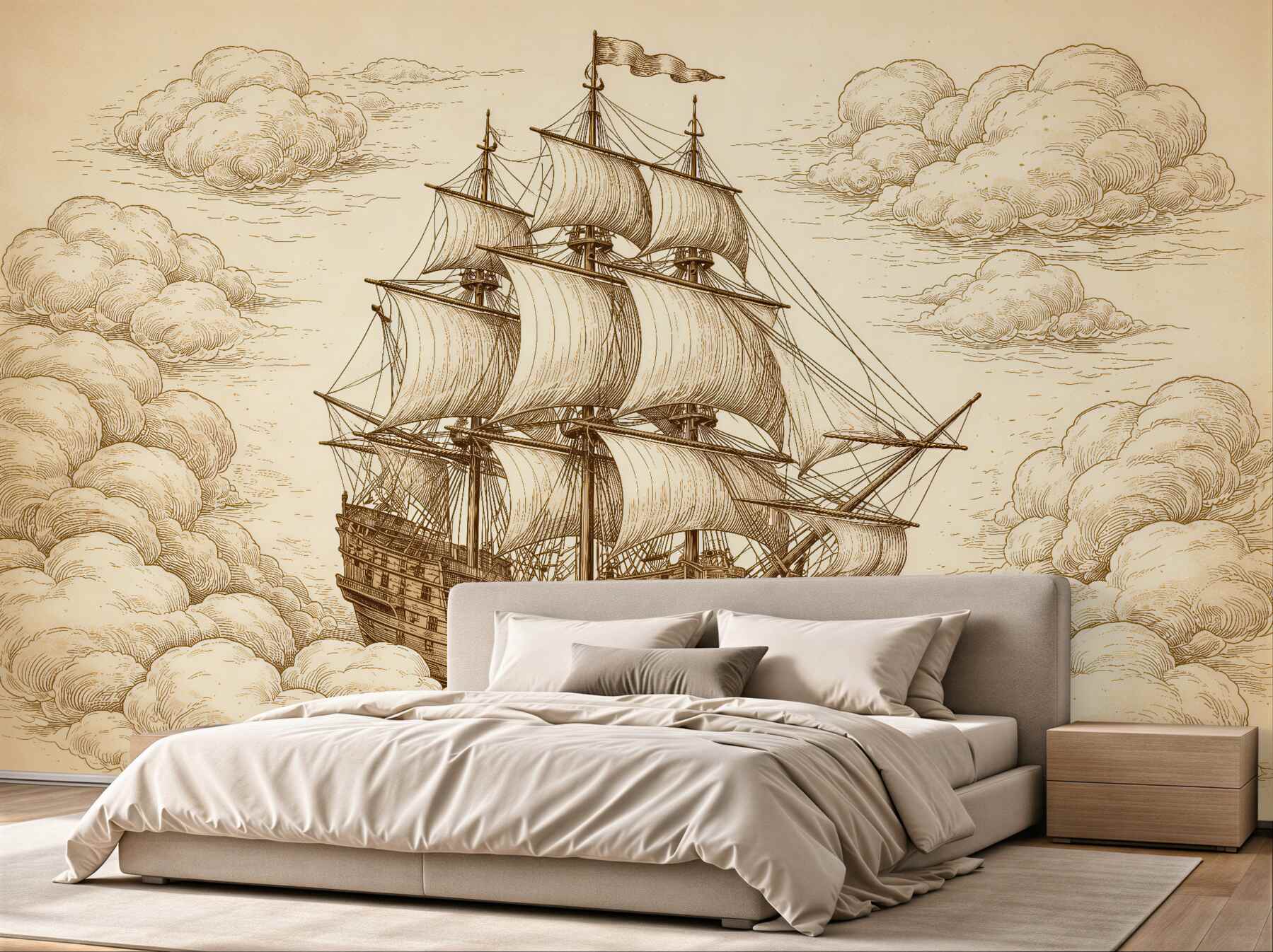 Fototapeten Segelschiff in Retro-Wolken