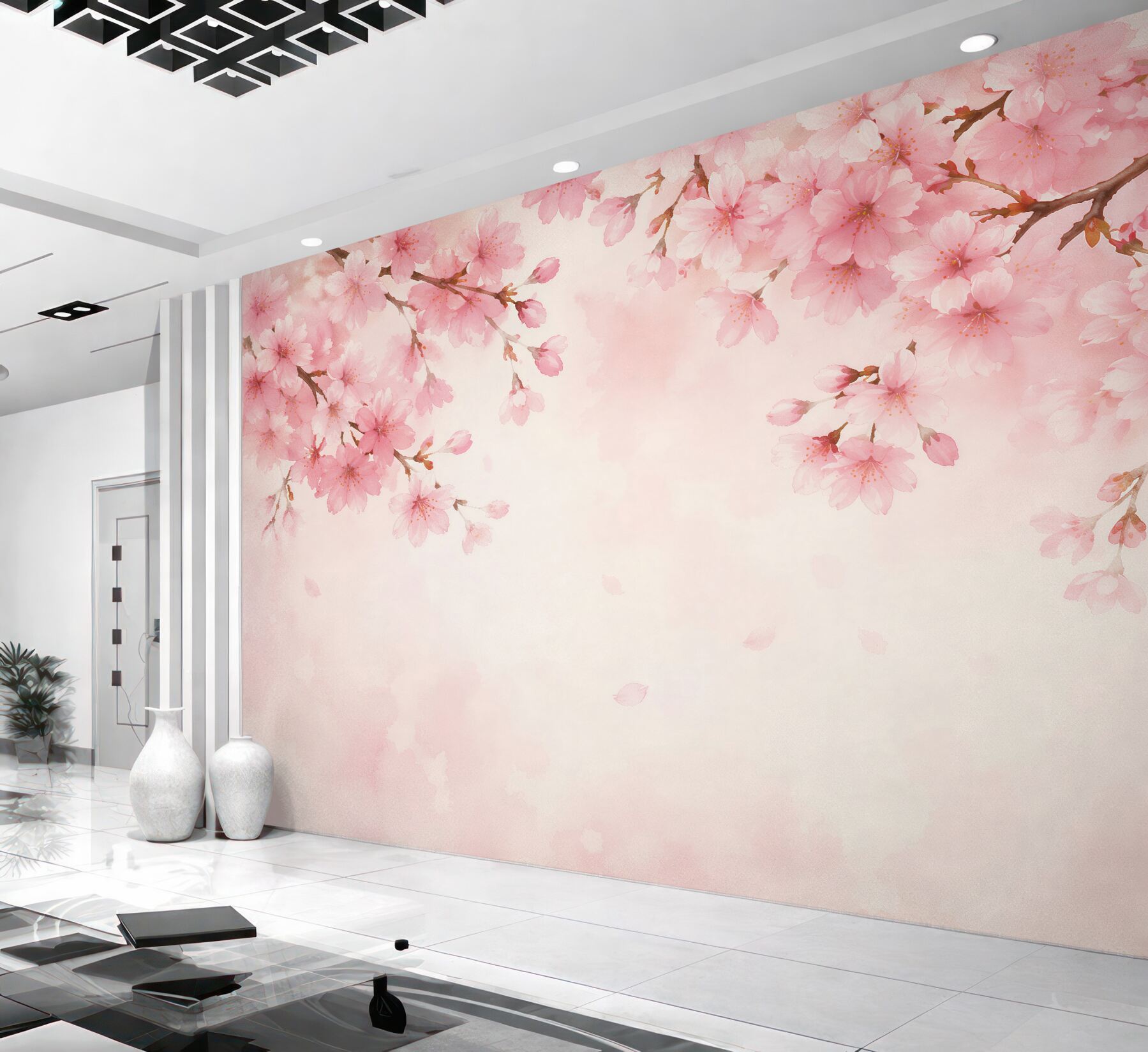 Fototapeten Rosa Kirschblüten in Aquarell