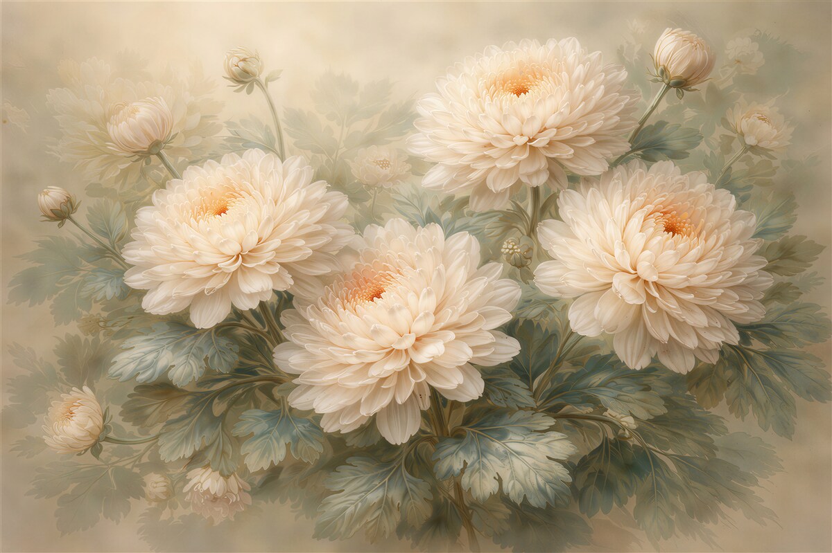 Fototapeten Cremefarbene Chrysanthemen im zarten Nebel