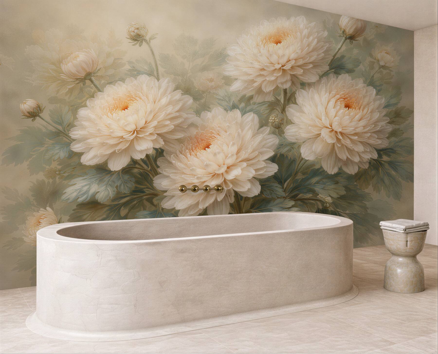 Fototapeten Cremefarbene Chrysanthemen im zarten Nebel