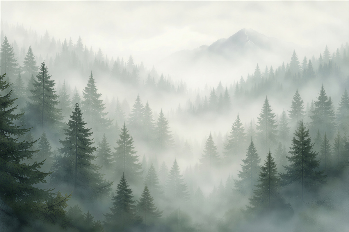 Fototapeten Nebliger Wald mit Berggipfel
