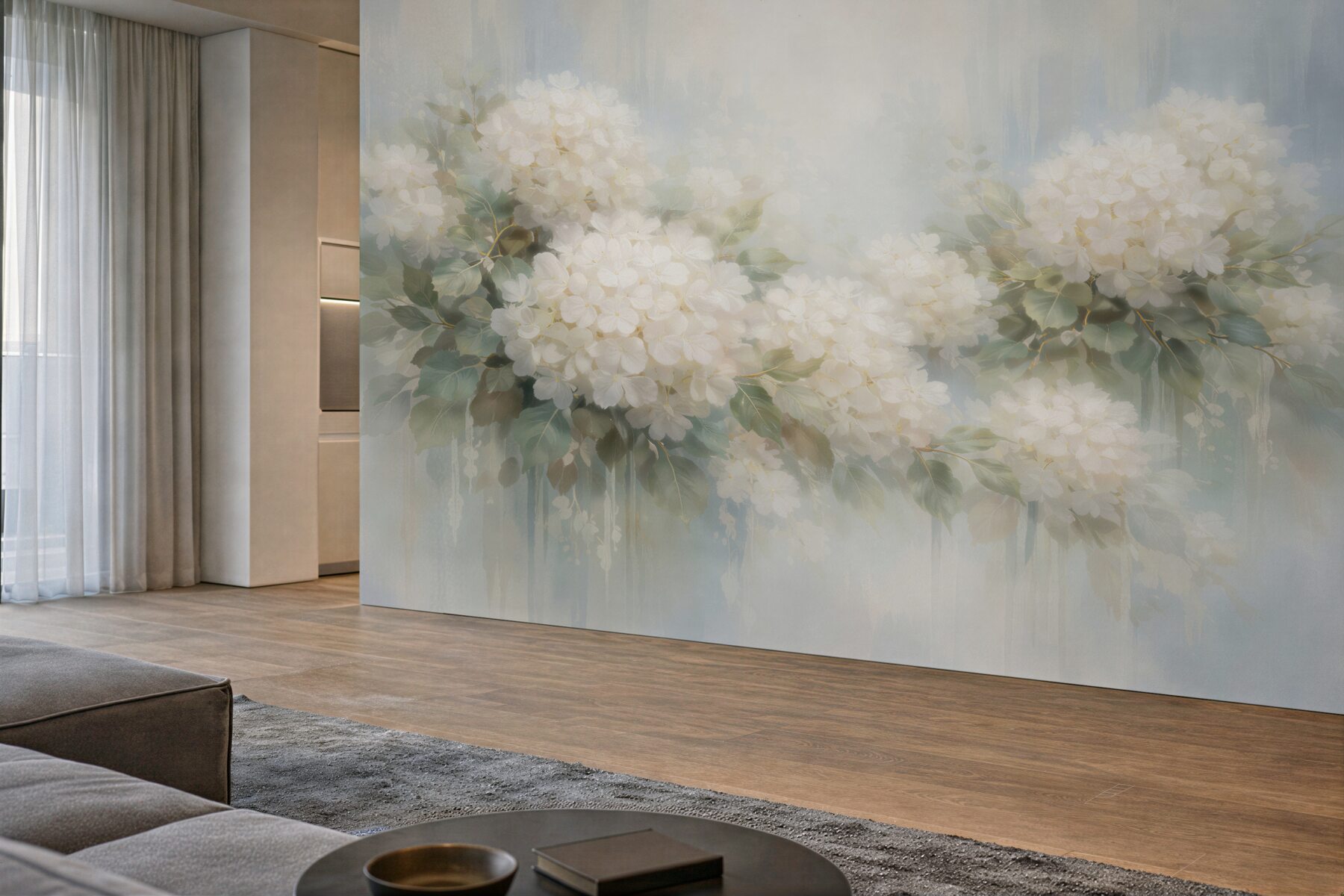 Fototapeten Zarte weiße Blumen in Aquarell