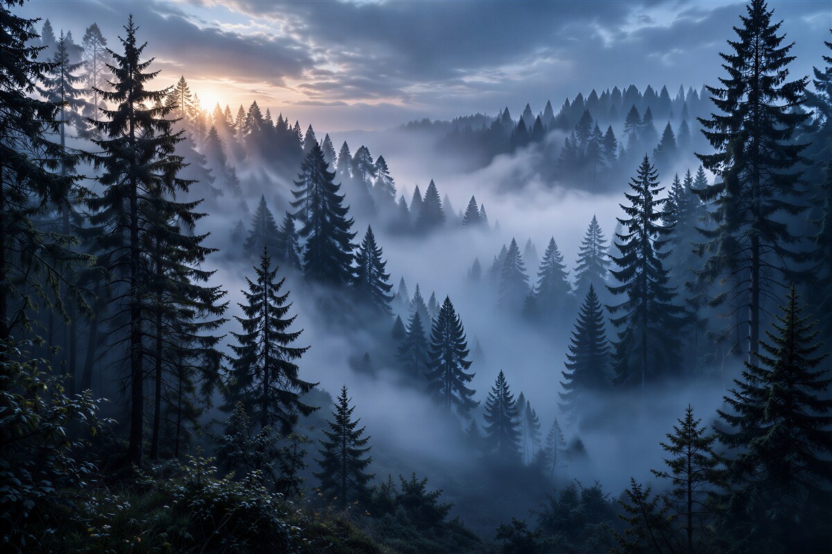 Fototapeten Nebeliger Fichtenwald im Morgengrauen