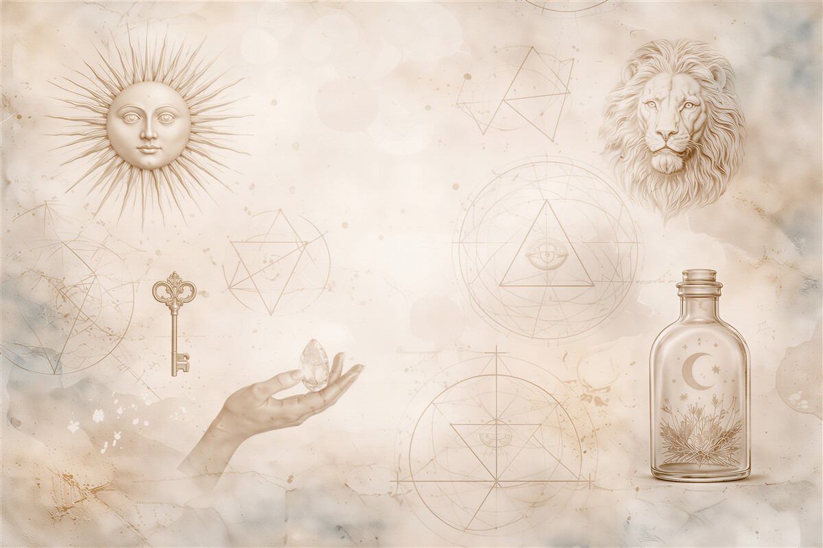 Fototapeten Mystische Symbole und Löwe