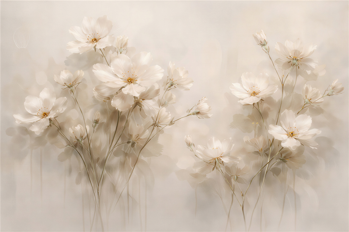 Fototapeten Cremefarbene Blumen im zarten Nebel