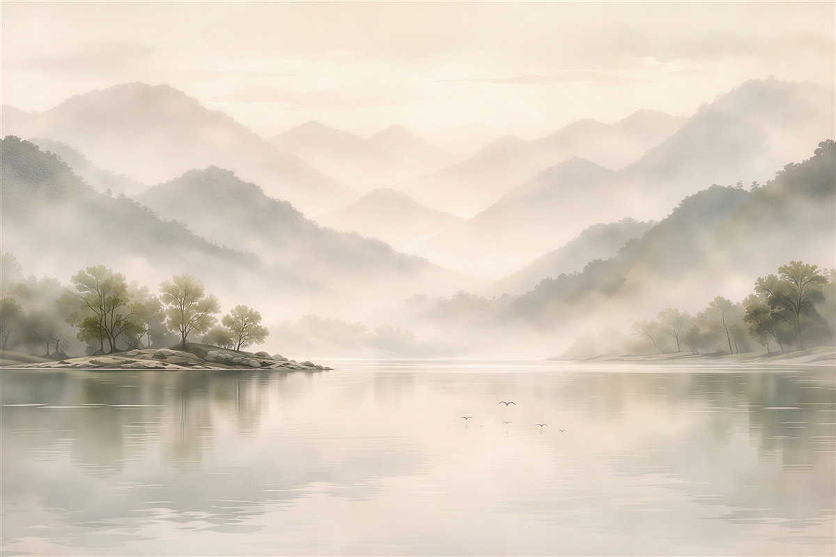 Fototapeten Neblige Berglandschaft am See