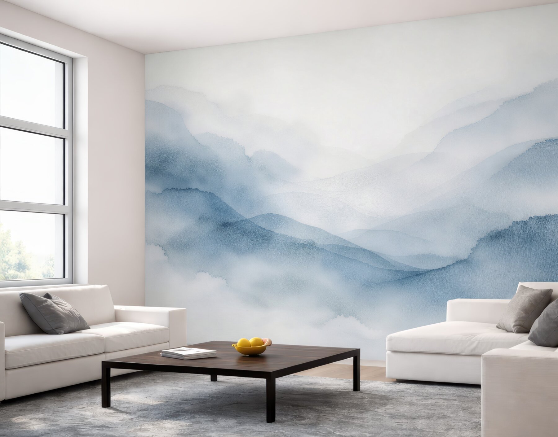 Fototapeten Blaue Berge im Aquarellnebel