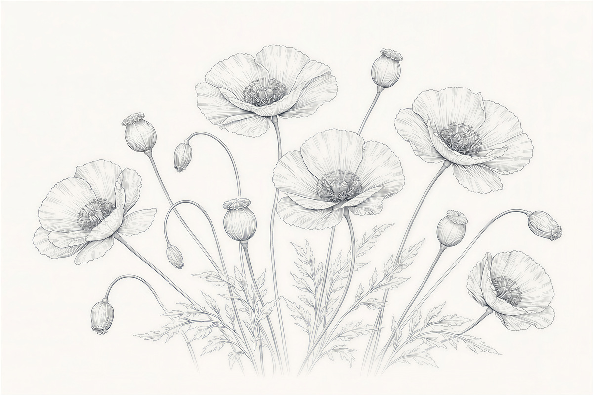 Fototapeten Zarte Mohnblumen als Skizze