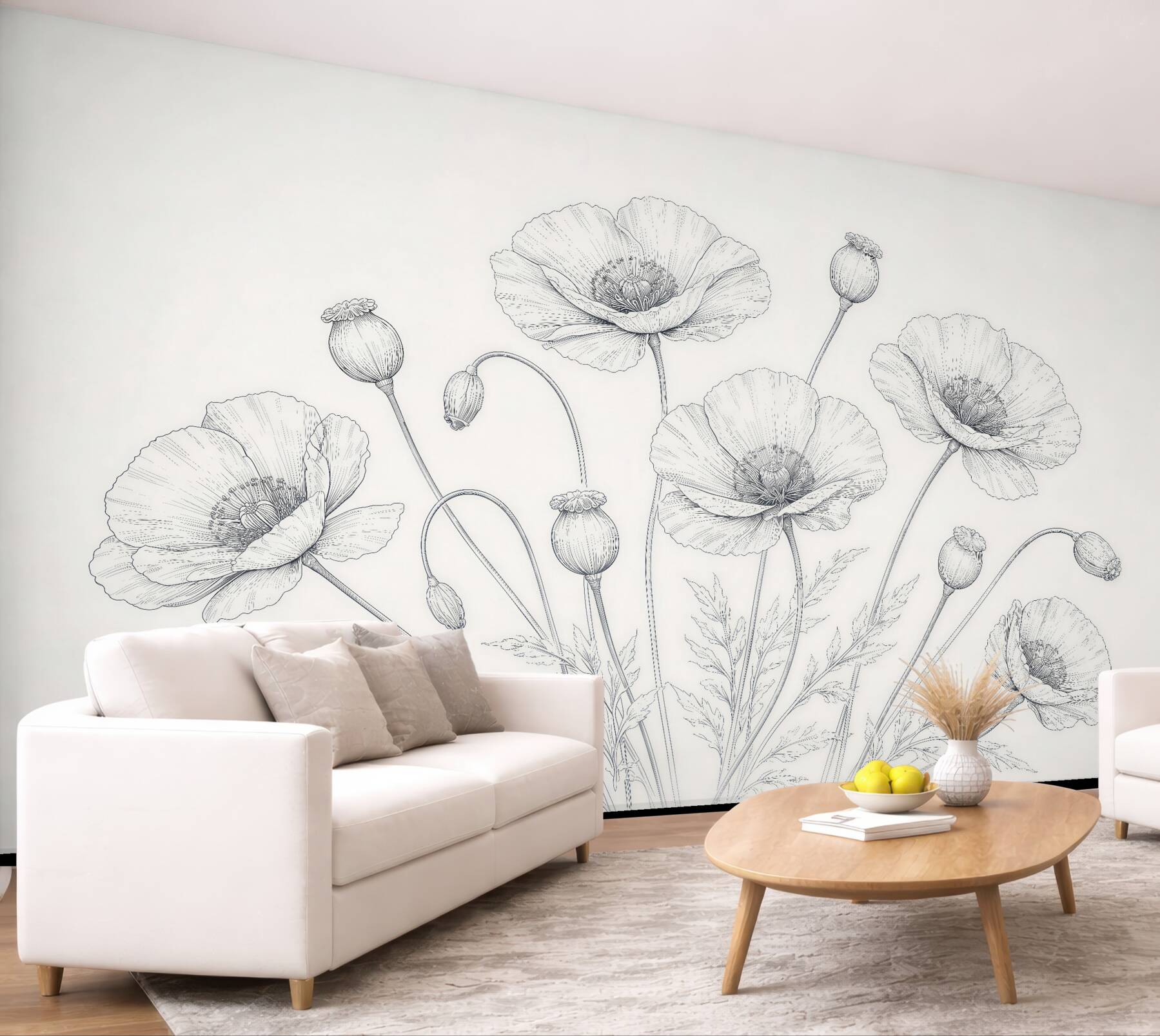 Fototapeten Zarte Mohnblumen als Skizze