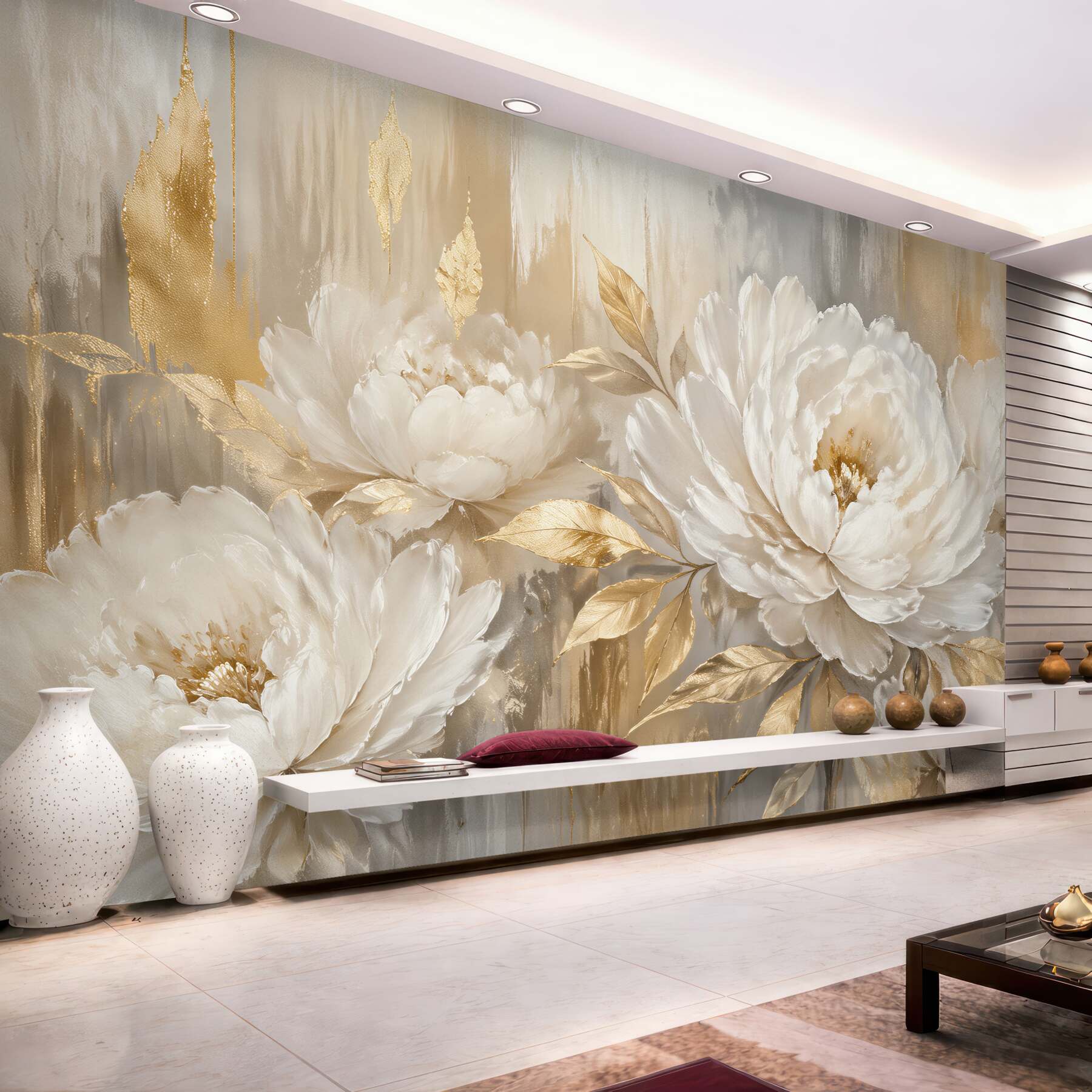 Fototapeten Goldene Pfingstrosen in elegantem Glanz