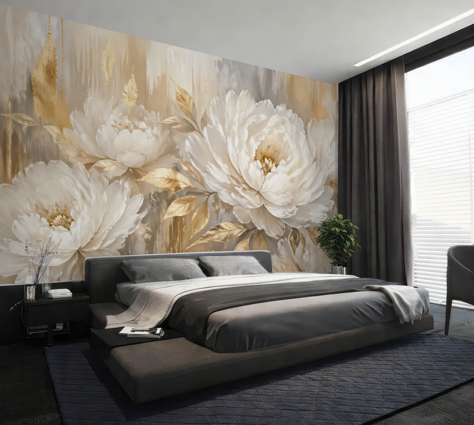 Fototapeten Goldene Pfingstrosen in elegantem Glanz