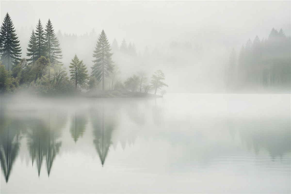 Fototapeten Nebelwald am ruhigen See