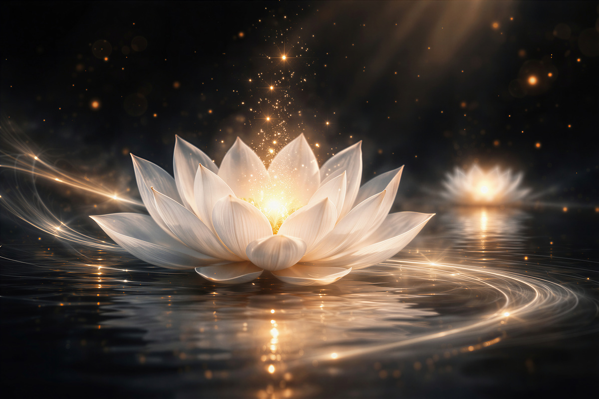 Fototapeten Lotus des Lichts auf ruhigem Wasser