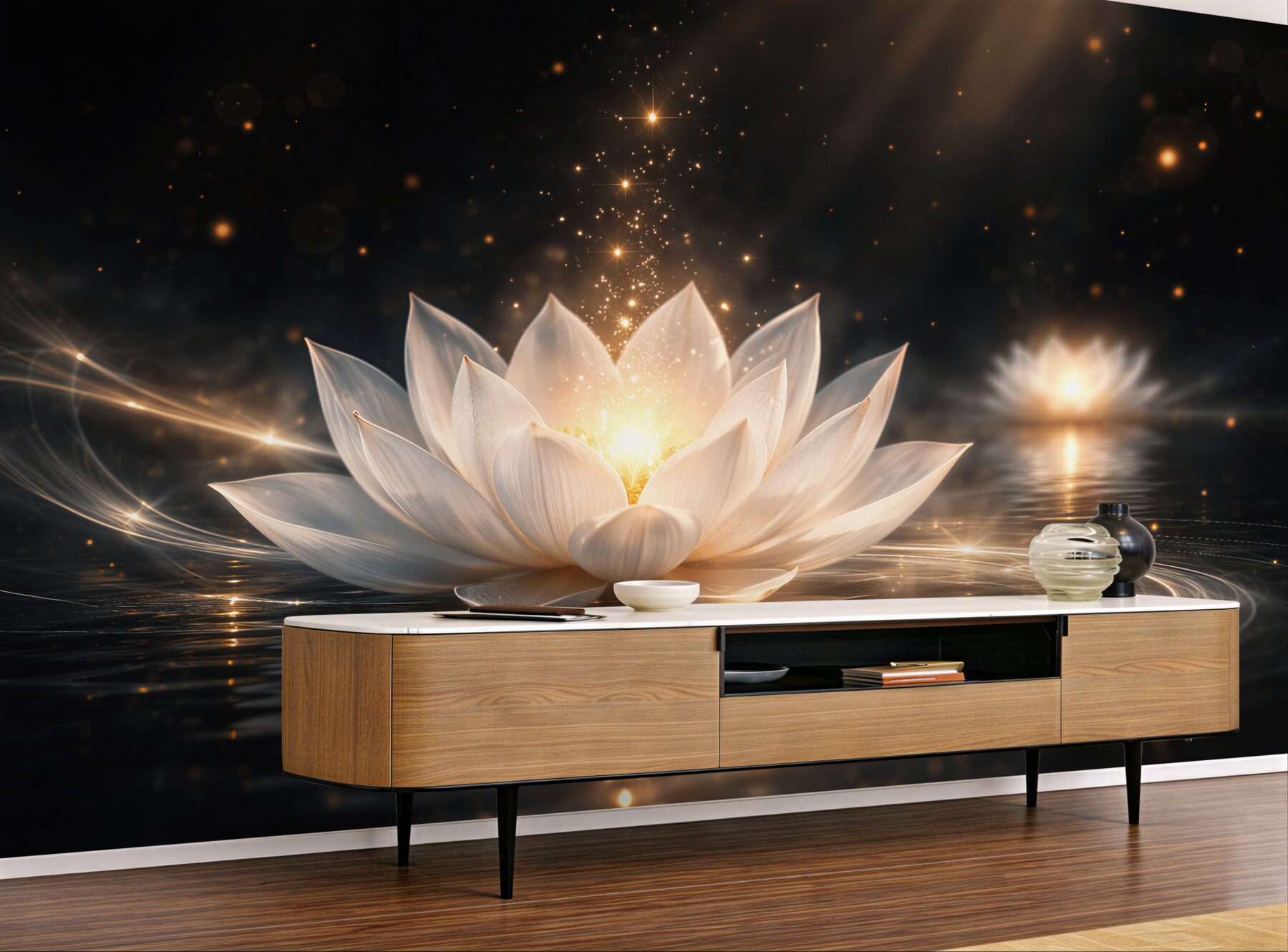 Fototapeten Lotus des Lichts auf ruhigem Wasser