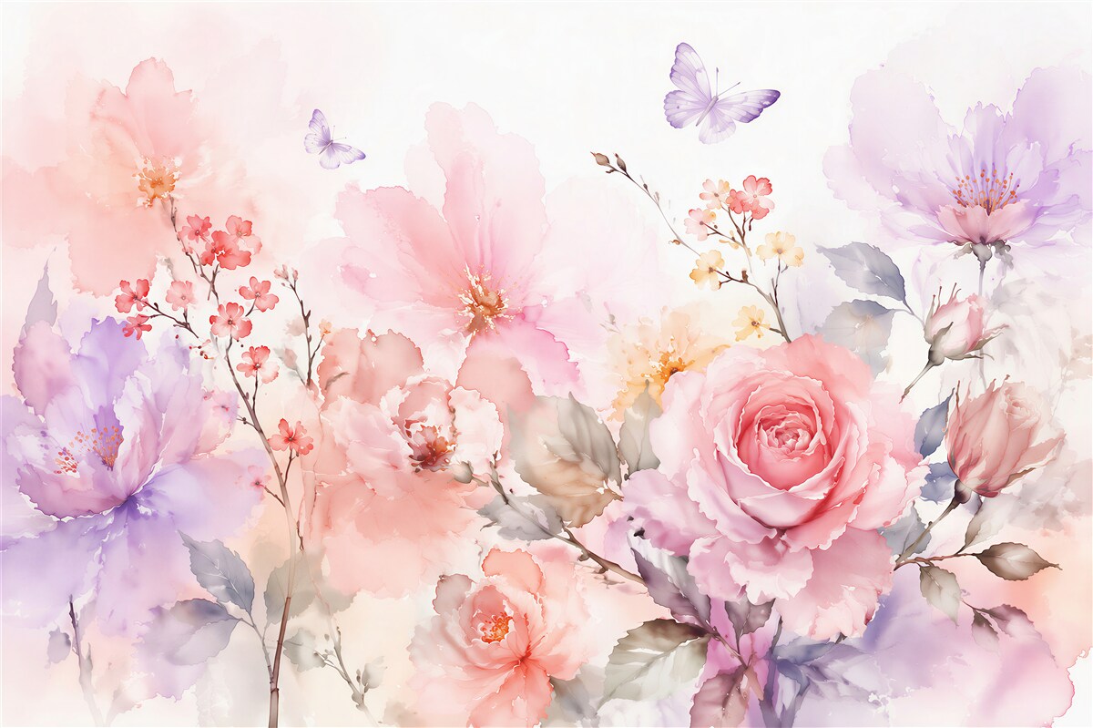 Fototapeten Aquarellgarten aus Rosen und Schmetterlingen