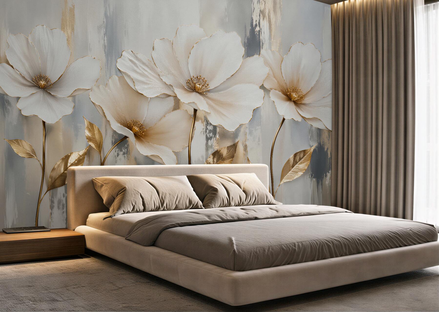 Fototapeten goldene Blumen in elegantem Glanz