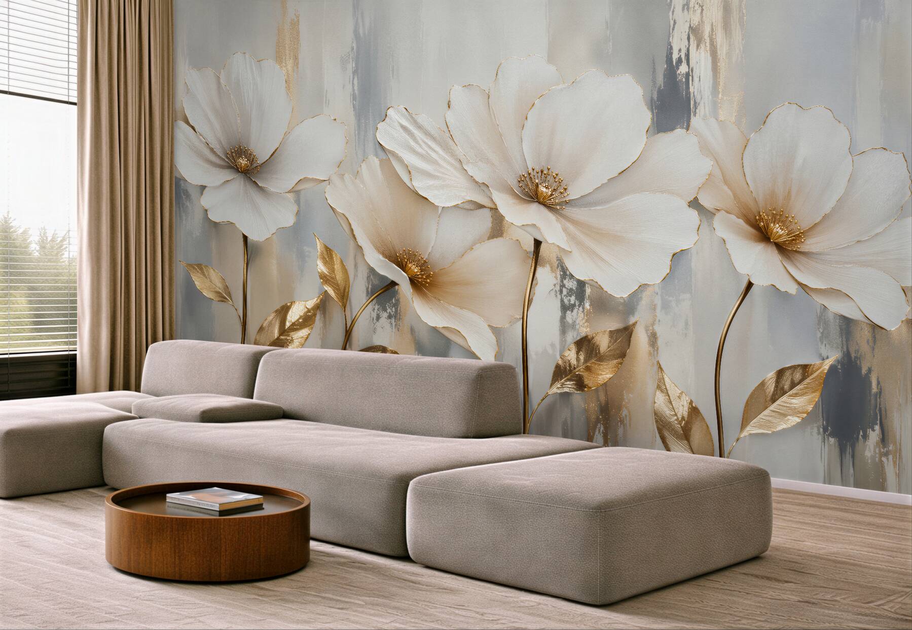 Fototapeten goldene Blumen in elegantem Glanz