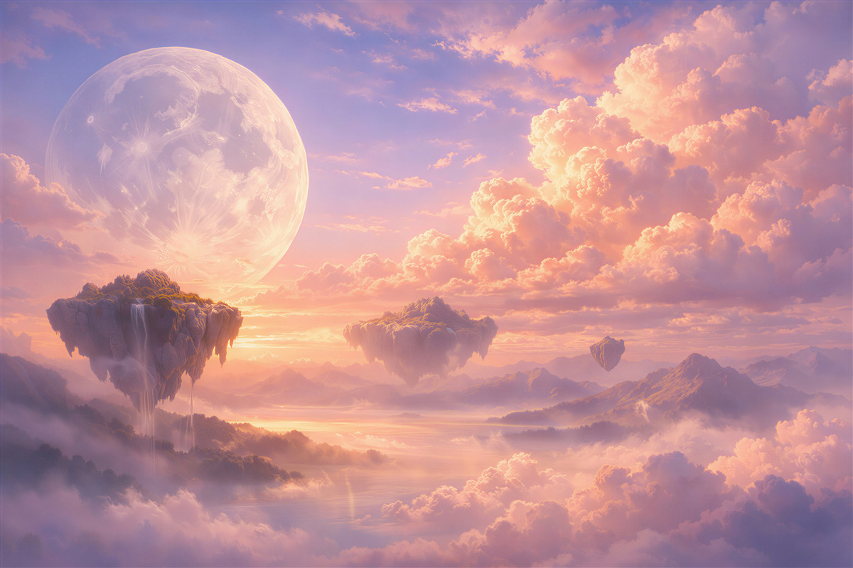 Fototapeten Märchenhafte Inseln in rosa Wolken